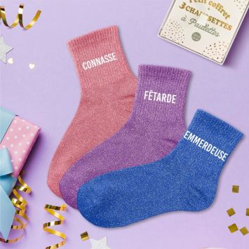Coffret Trio de chaussettes à paillettes pour femme - Connasse, Fêtarde et Emmerdeuse - Collection Famille d'Amour
