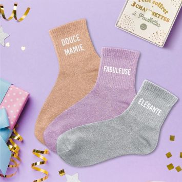 Coffret Trio de chaussettes à paillettes pour femme - Douce Mamie, Fabuleuse et Élégante - Collection Famille d'Amour