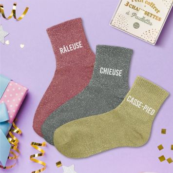 Coffret Trio de chaussettes à paillettes pour femme - Râleuse, Chieuse et Casse-Pied - Collection Famille d'Amour