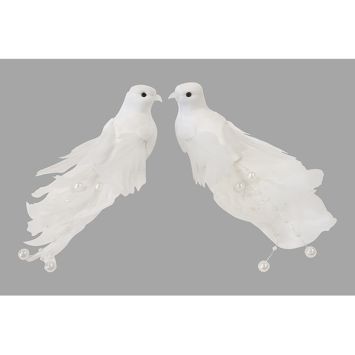 Colombes sur pince avec plumes et perles nacrées | jourdefete.com