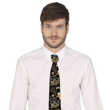 Cravate festive noire et or avec motifs “Happy New Year” | jourdefete.com