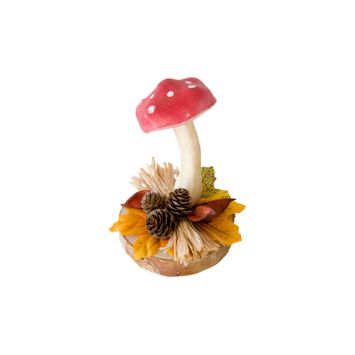 Un grand champignon rouge à pois blanc sur un socle d'automne | jourdefete.com