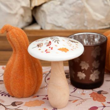 Décoration à poser d'automne - Champignon en bois à effet porcelaine - 9 x 6,8 cm