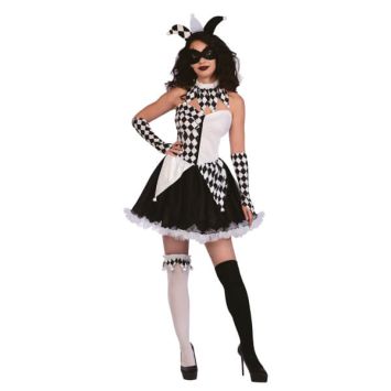 Déguisement femme Arlequin noir et blanc avec robe et accessoires | jourdefete.com