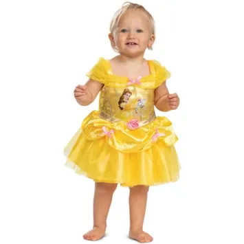 Bébé portant une robe de princesse jaune inspirée de Belle, avec tulle, nœuds roses et détails dorés.