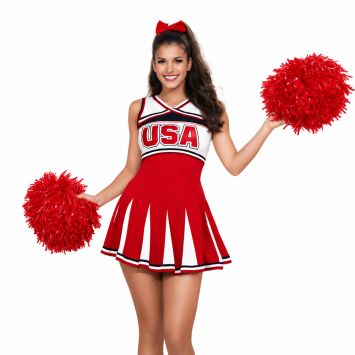 Déguisement de pom-pom girl américaine rouge et blanche pour femme avec pompons | jourdefete.com