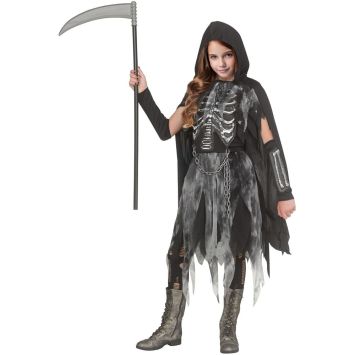Jeune fille déguisée en faucheuse squelette avec cape noire | jourdefete.com