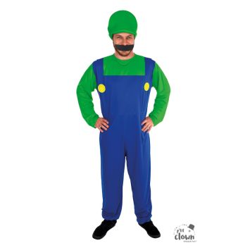 Déguisement homme plombier vert et bleu avec chapeau et moustache | jourdefete.com