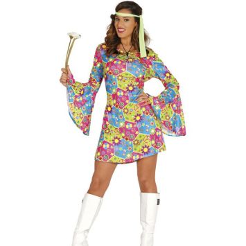 Déguisement robe hippie femme années 70 colorée avec bandeau | jourdefete.com