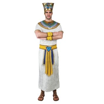Déguisement pharaon homme blanc et or avec coiffe égyptienne et accessoires.