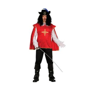 Déguisement de mousquetaire homme rouge avec tunique ornée d’une croix dorée, pantalon noir, bottes et chapeau à plume, vue de face