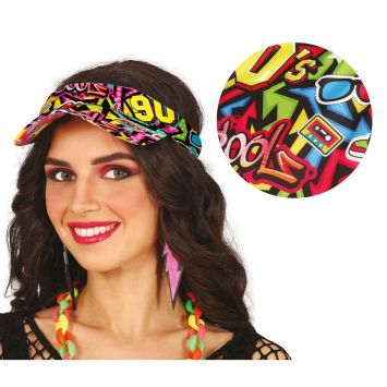 Visière fluo imprimée années 90 avec graffitis et éléments pop colorés | jourdefete.com