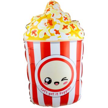 Ballon aluminium en forme de boîte de pop-corn rayée rouge et blanche avec un visage kawaii | jourdefete.com