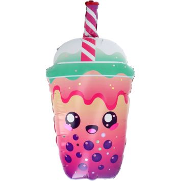Ballon en aluminium en forme de gobelet Bubble Tea kawaii rose et violet avec visage souriant | jourdefete.com