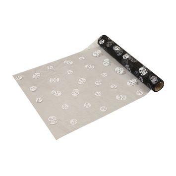 Chemin de table d'Halloween en organza avec impression de crânes - 28 cm x 5 m