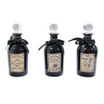 Fiole ronde Halloween en verre noir avec bouchon en verre, ruban et étiquettes décoratives | jourdefete.com