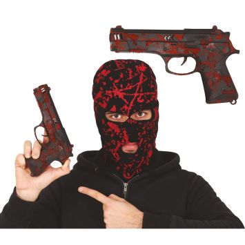 Pistolet Halloween factice noir avec éclaboussures de sang rouge | jourdefete.com