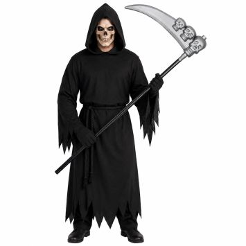 Déguisement de Faucheuse avec une grande faux noire et argentée ornée de crânes pour Halloween | jourdefete.com