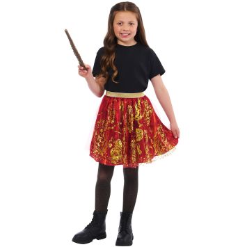 Déguisement sorcière Gryffondor fille avec robe rouge et or et baguette magique | jourdefete.com