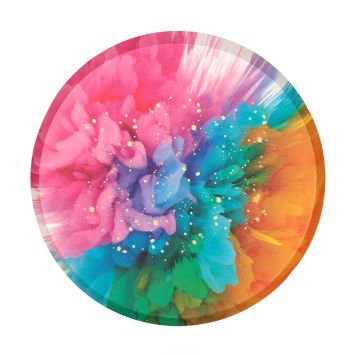 Assiettes de fête multicolore Holi avec motifs aquarelle et touches dorées | jourdefete.com