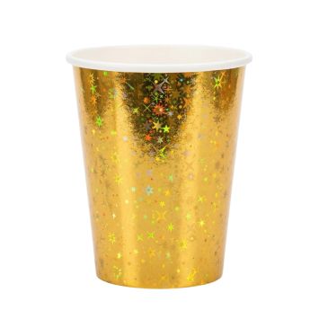 Gobelets en carton dorés avec motifs étoiles holographiques pour décoration de fête | jourdefete.com