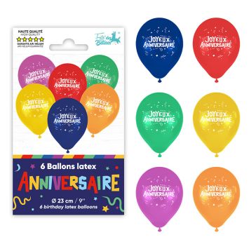 Sachet de 6 ballons en latex multicolores avec inscription Joyeux Anniversaire | jourdefete.com