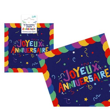 Serviettes en papier Joyeux Anniversaire fond bleu et lettres multicolores pour fête d'enfant | jourdefete.com