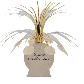 Centre de table Joyeux Anniversaire doré avec effet lin et jets métalliques | jourdefete.com