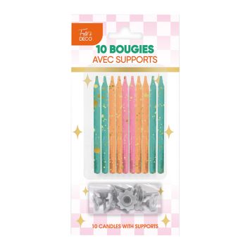 10 longues bougies d'anniversaire Rétro Pop colorées avec éclats dorés et supports | jourdefete.com