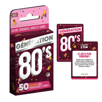 Boîte de jeu de cartes quiz Génération thèmes années 80 contenant 50 questions de culture générale | jourdefete.com
