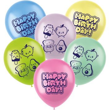 Lot de 6 ballons gonflables colorés en latex avec motifs aliments Kawaii et texte Happy Birthday | jourdefete.com