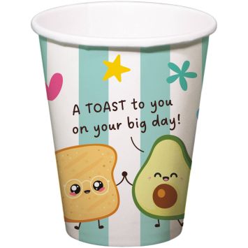 Gobelets en carton à rayures avec illustration de toast et d'avocat kawaii | jourdefete.com