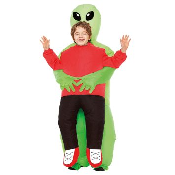 Enfant portant le déguisement gonflable alien vert illusion enlèvement extraterrestre | jourdefete.com