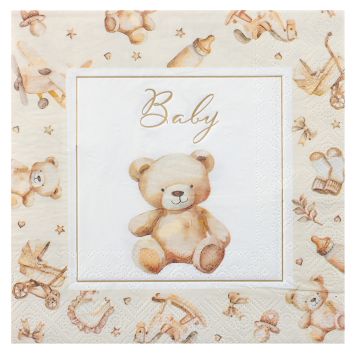 Serviettes papier baby shower ourson ivoire décoration fête bébé | jourdefete.com