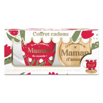 Coffret cadeau avec tasse rouge motif tulipes et sous-tasse en bambou pour la Fête des Mères | jourdefete.com