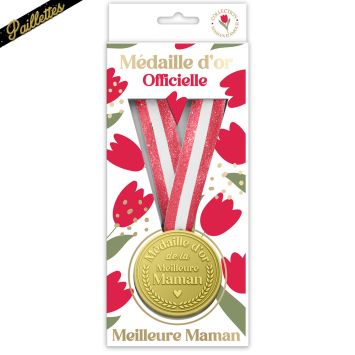Médaille d'or de la meilleure maman avec ruban à paillettes dans son emballage fleuri | jourdefete.com