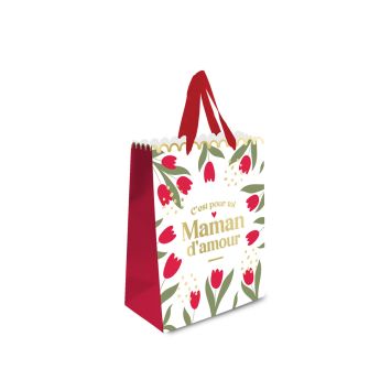 Sac cadeau moyen modèle blanc avec fleurs rouges et inscription dorée maman d'amour pour emballage cadeau | jourdefete.com