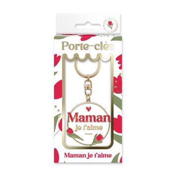 Porte-clés en métal doré et blanc avec médaillon Maman je t'aime et tulipes rouges pour la Fête des Mères | jourdefete.com