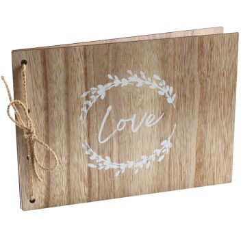 Livre d'or en bois avec décoration végétale et "Love" écrit | jourdefete.com