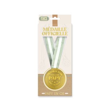 Médaille dorée avec ruban vert clair et inscription "Meilleur Papy du Monde" | jourdefete.com