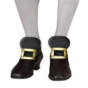 Paire de boucles de chaussures médiévales dorées sur souliers noirs | jourdefete.com