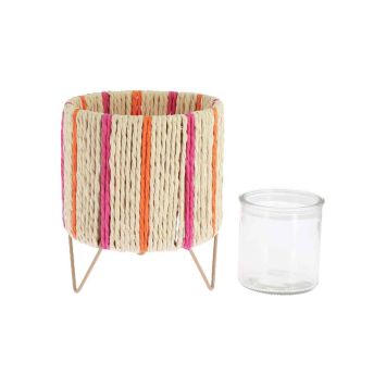 Lanterne décorative en verre, métal et ficelle beige framboise et orange pour fête | jourdefete.com