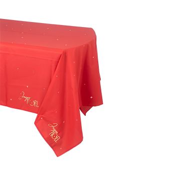 Nappe Joyeux Noël rouge rectangulaire 140x240 cm avec décor doré | jourdefete.com