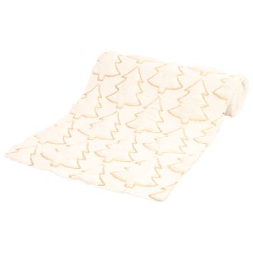 Chemin de table blanc décoré de sapins dorés en sequins pour Noël | jourdefete.com