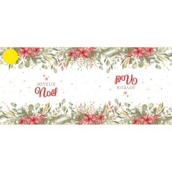 Chemin de table bouquet d’hiver Joyeux Noël avec motifs floraux et étoiles dorées | jourdefete.com