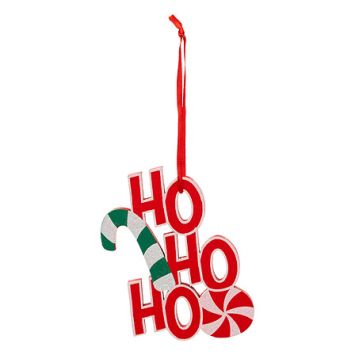 Suspension décorative “HO HO HO” rouge et blanche avec canne à sucre et bonbon de Noël | jourdefete.com
