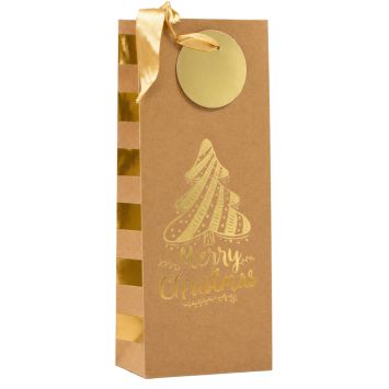 Sac cadeau kraft de Noël en papier pour bouteille - Merry Christmas avec sapin doré