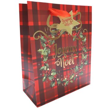 Sac cadeau de Noël motif carreaux rouges et couronne festive avec inscription "Joyeux Noël" | jourdefete.com