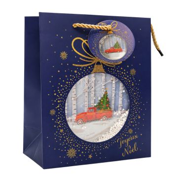 Sac cadeau de Noël en papier - Joyeux Noël à boule avec voiture - Taille S