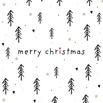 Serviettes de Noël blanches avec sapins noirs stylisés et petits cœurs dorés 33x33 cm Trees & Hearts | jourdefete.com